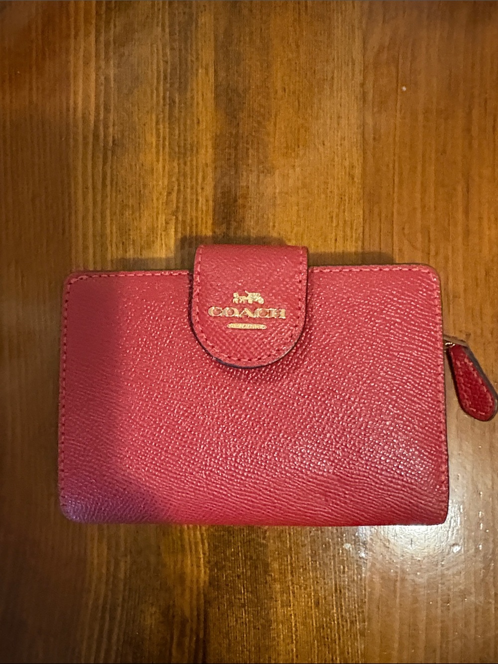 Coach Raspberry Red Leather Compact Wallet with Gold Logo